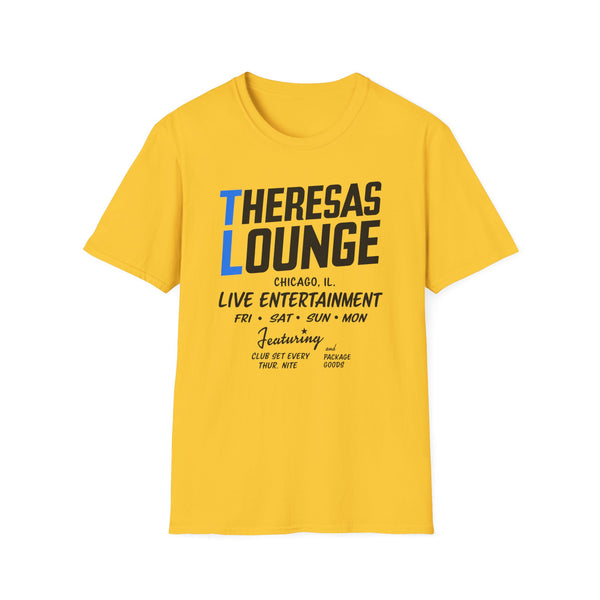 Yellow t-shirt with "Theresas Lounge Chicago IL Live Entertainment" graphic.