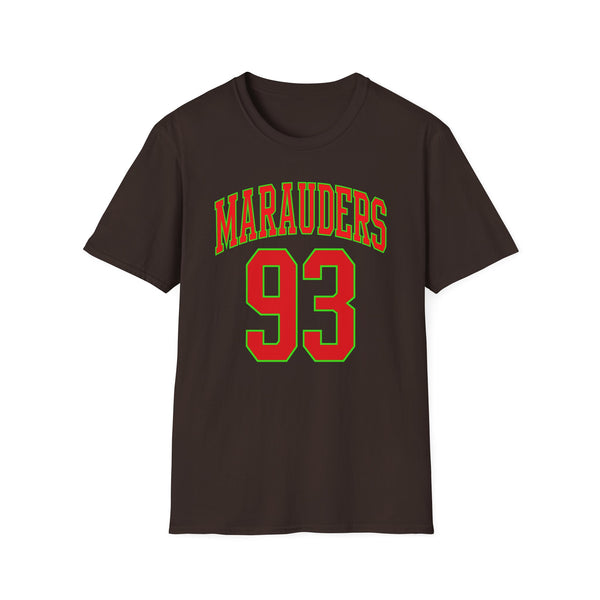 Brown t-shirt with "Marauders 93" printed in red and green.