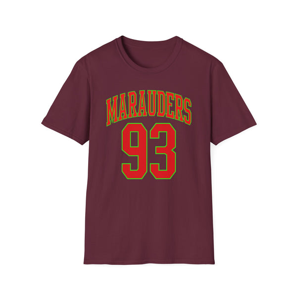 Maroon t-shirt with "Marauders 93" text in green and red.