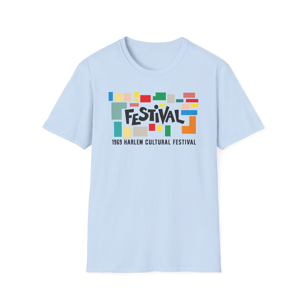 Light blue t-shirt with abstract colorful blocks and "FESTIVAL 1969 HARLEM CULTURAL FESTIVAL" text.