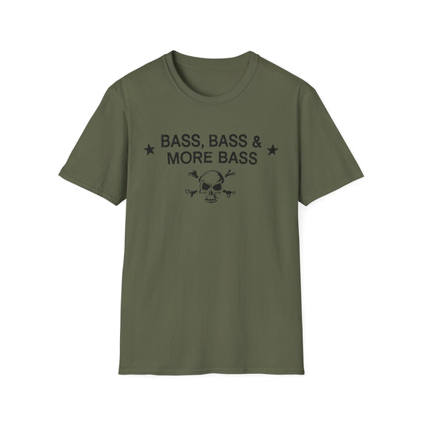Olive green t-shirt with distressed text "BASS, BASS & MORE BASS" and skull.