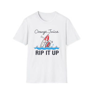 White t-shirt with "Orange Juice RIP IT UP" text and a shark fin graphic.