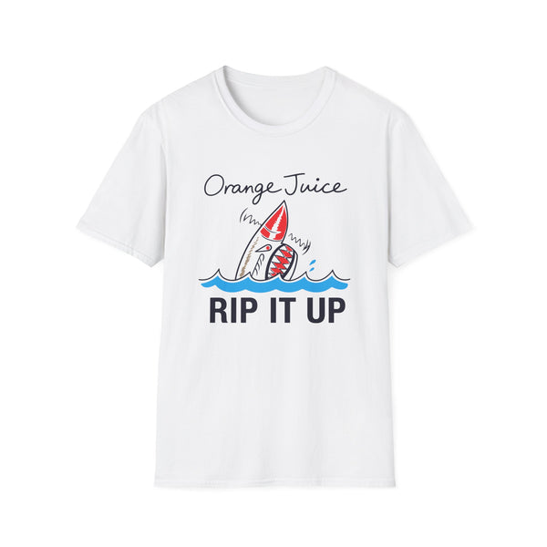 White t-shirt with "Orange Juice RIP IT UP" text and a shark fin graphic.
