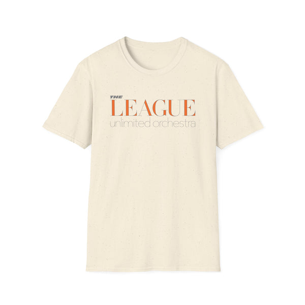 Cream t-shirt with orange and grey "THE LEAGUE unlimited orchestra" text.