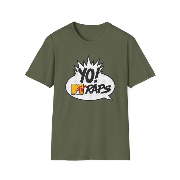 Olive green t-shirt with "YO! MTV RAPS MUSIC TELEVISION" graphic in a speech bubble.