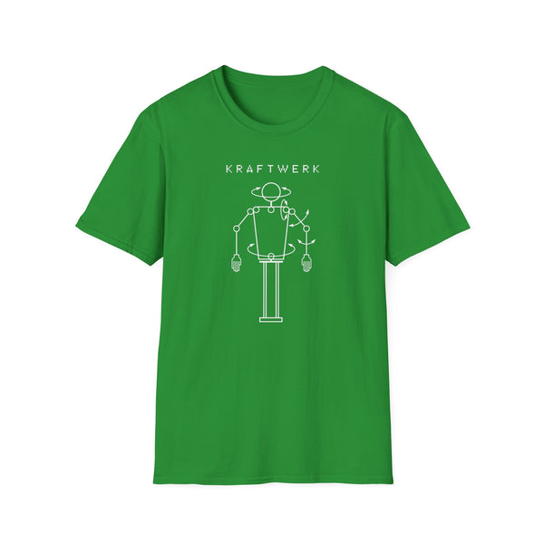 Green t-shirt with white Kraftwerk logo and robotic figure graphic.