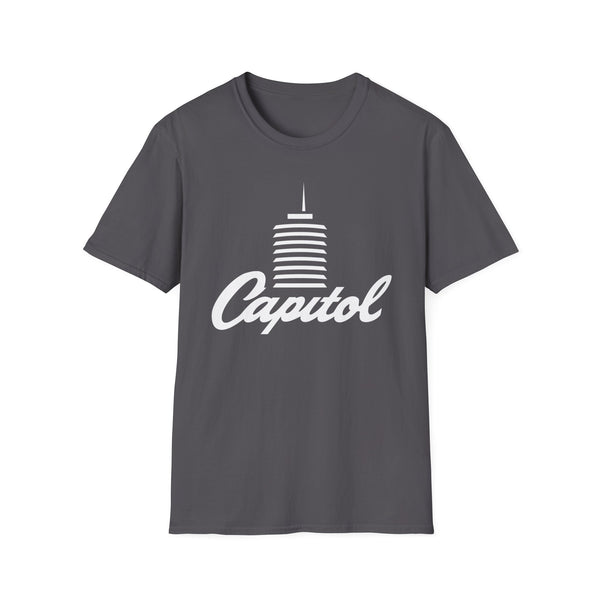 Grey t-shirt with white text and stylized building graphic.