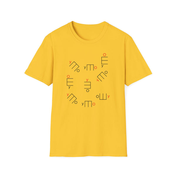 Yellow t-shirt front with scattered black line art shapes and red circles.