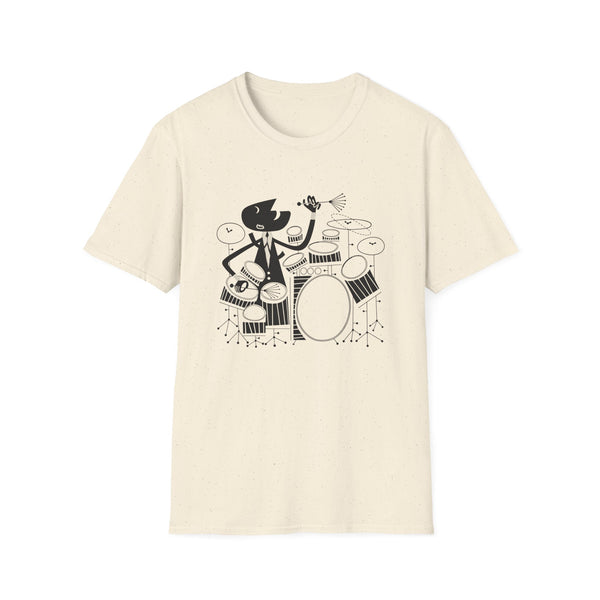Black cartoon cat playing drums on a cream t-shirt.