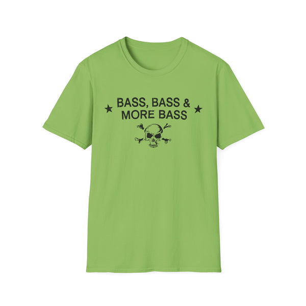 Light green t-shirt with black text "BASS, BASS & MORE BASS" and skull graphic.