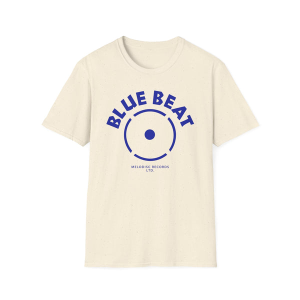 Cream t-shirt with blue "BLUE BEAT" text and record label graphic.