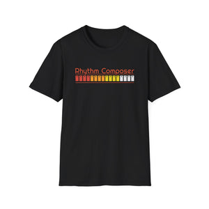 Black t-shirt with orange text "Rhythm Composer" and a colorful grid.