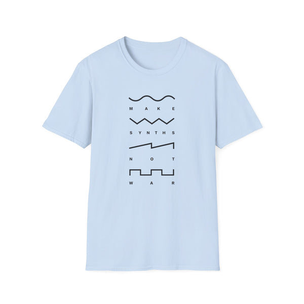 Light blue t-shirt with "MAKE SYNTHS NOT WAR" text and wave graphics.