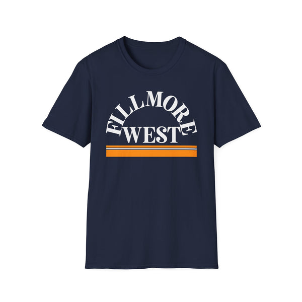 Navy t-shirt with white "FILLMORE WEST" text and orange stripes.