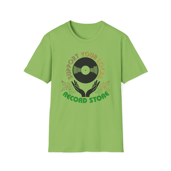 Green t-shirt with vinyl record, hands, and text "Support Your Local Record Store".