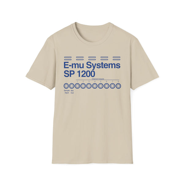 Tan t-shirt with "E-mu Systems SP 1200" and channel outputs graphic.
