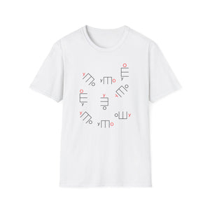 White t-shirt with scattered abstract geometric shapes and the letter 'y' in black and red.
