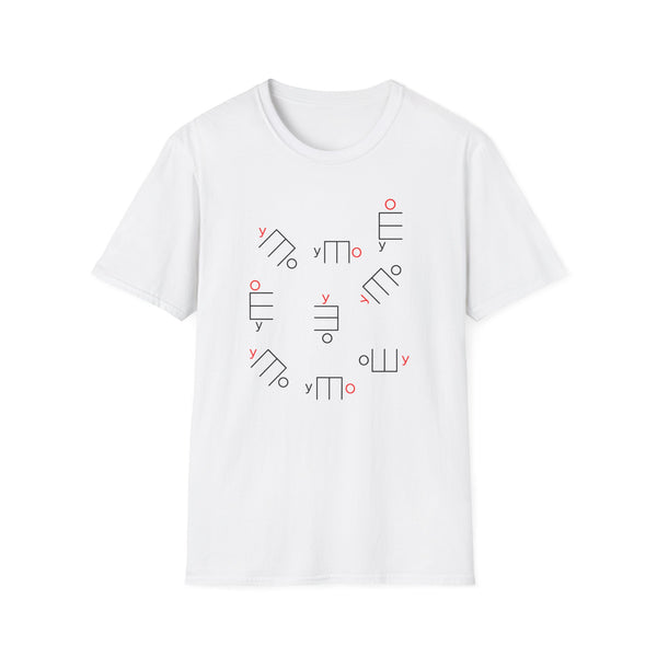 White t-shirt with scattered abstract geometric shapes and the letter 'y' in black and red.