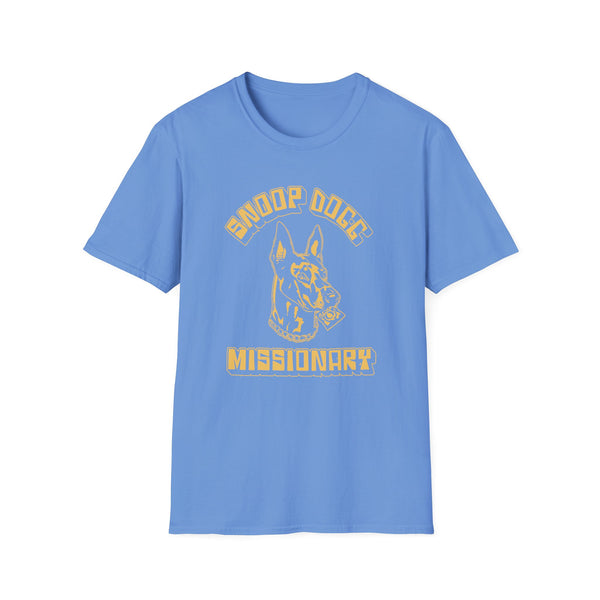 Blue t-shirt with yellow "Missionary" text and dog head graphic.