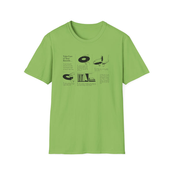 Green t-shirt with instructions on how to care for vinyl records.