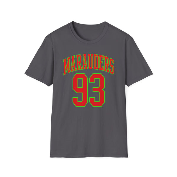 Dark gray t-shirt with red and green "Marauders 93" graphic on the front.