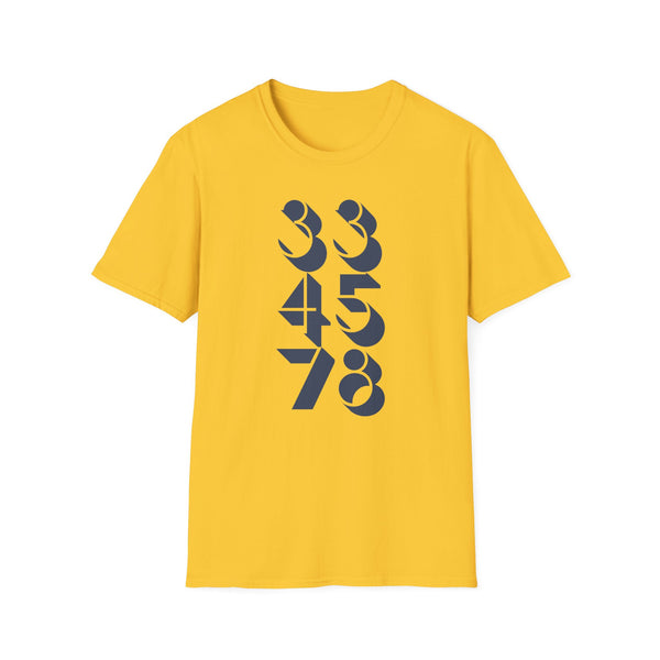 Yellow t-shirt with dark blue numbers 33, 45, and 78 graphic design.