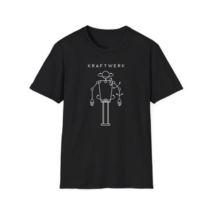 Black t-shirt with white Kraftwerk logo and robotic figure design.