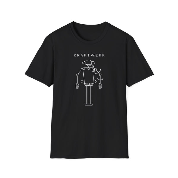 Black t-shirt with white Kraftwerk logo and robotic figure design.