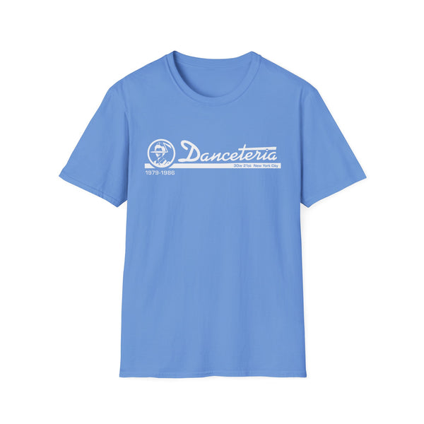 Light blue t-shirt with white "Danceteria" logo, years, and New York City address.