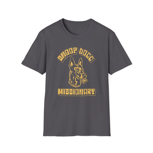 Dark grey t-shirt with yellow Missionary dog graphic.