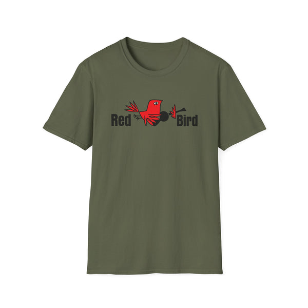 Olive green t-shirt with "Red Bird" text and a red bird logo.