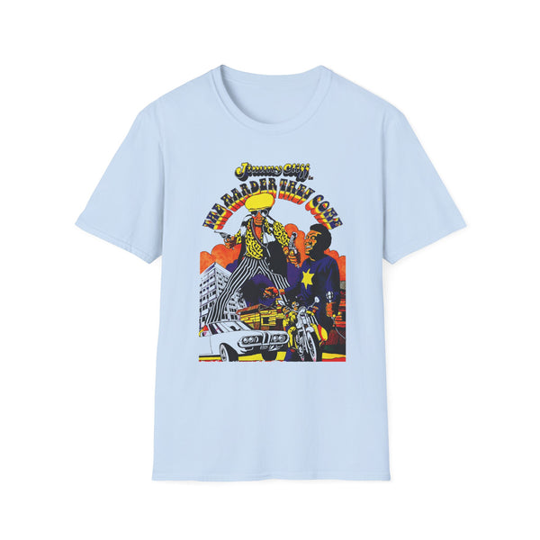 Jimmy Cliff "The Harder They Come" graphic on a light blue t-shirt.