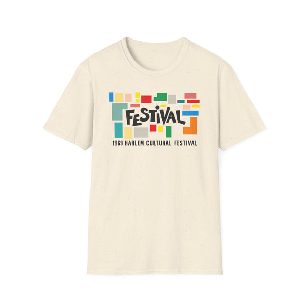 Cream t-shirt with colorful blocks and "FESTIVAL 1969 Harlem Cultural Festival" text.