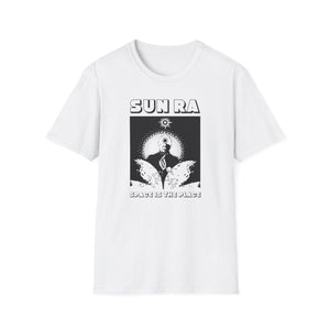 White t-shirt with "Sun Ra Space Is The Place" graphic and surreal illustration.