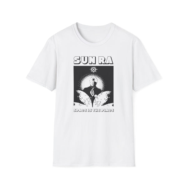 White t-shirt with "Sun Ra Space Is The Place" graphic and surreal illustration.