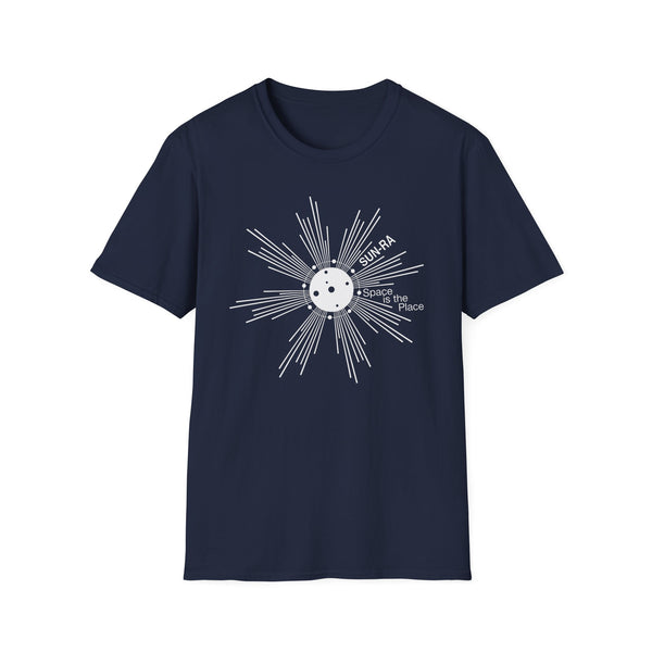 Navy t-shirt with white Sun-Ra graphic and text "Space is the Place".
