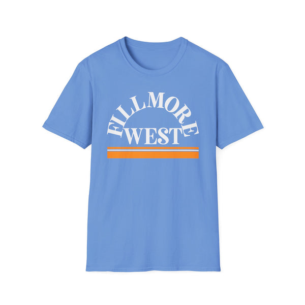 Blue t-shirt with "Fillmore West" graphic and orange stripes.