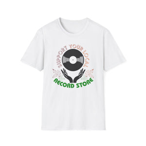 White t-shirt with "Support Your Local Record Store" graphic featuring a vinyl record.