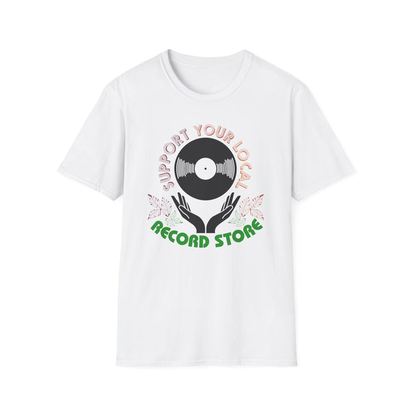 White t-shirt with "Support Your Local Record Store" graphic featuring a vinyl record.