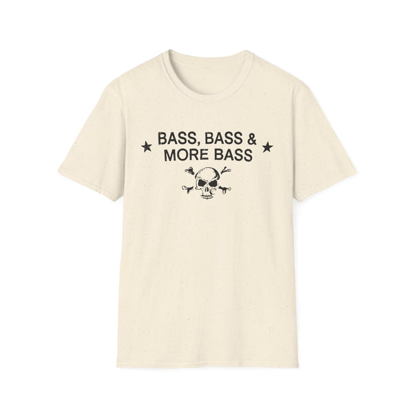 Cream t-shirt with "Bass, Bass & More Bass" text and a skull and crossbones graphic.