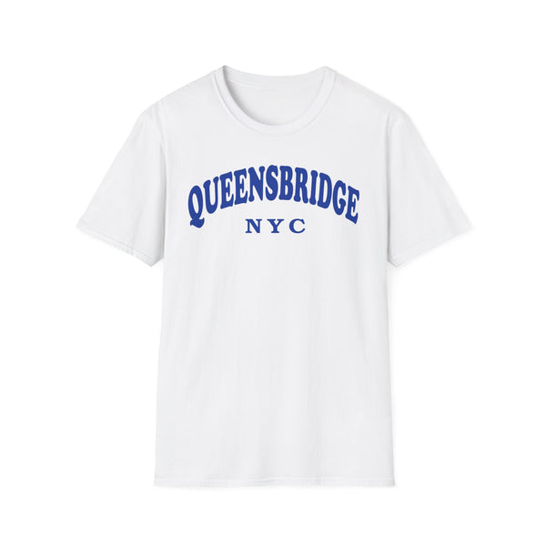White t-shirt with blue "QUEENSBRIDGE NYC" text graphic.