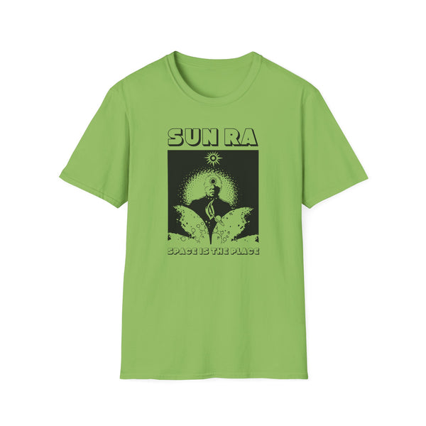 Green t-shirt with "SUN RA SPACE IS THE PLACE" graphic featuring a crowned figure.