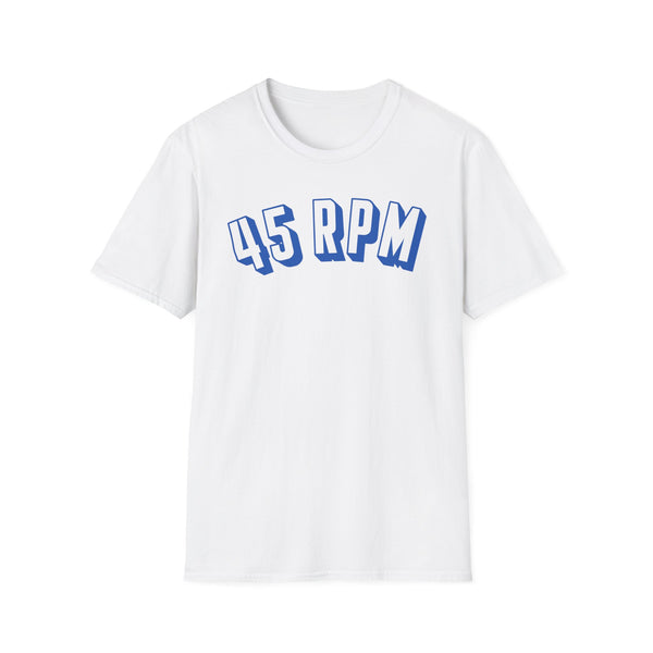 White t-shirt with blue "45 RPM" text in a playful font.