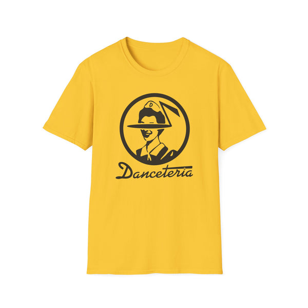 Yellow t-shirt with a circular logo featuring a person and the text "Danceteria".