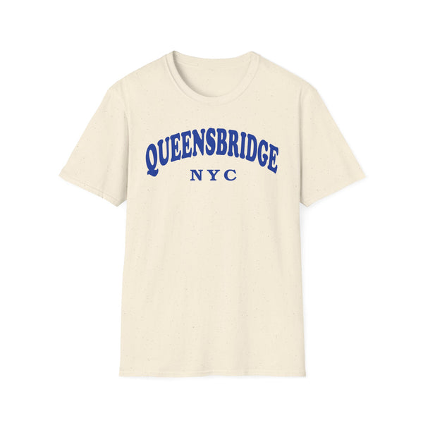 Cream t-shirt with blue "QUEENSBRIDGE NYC" text.