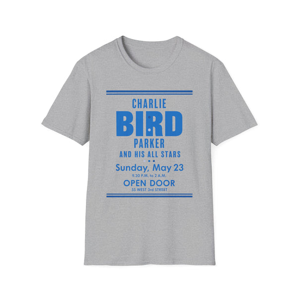 Grey t-shirt with "Charlie Parker and His All Stars" concert details in blue text.