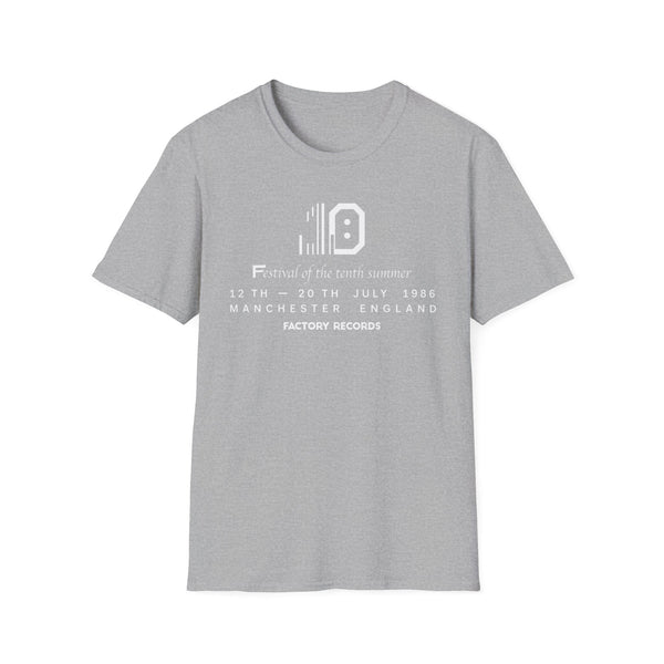 Grey t-shirt with white text: "Festival of the tenth summer" and "Factory Records" details.