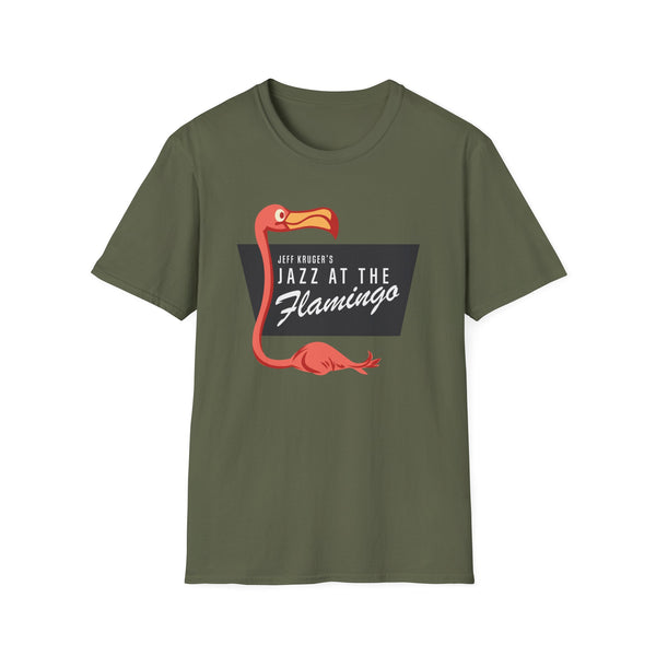 Green t-shirt with a coral flamingo logo and text "JEFF KRUGER'S JAZZ AT THE Flamingo".