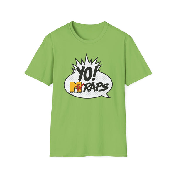 Green t-shirt with a comic-style graphic saying "Yo! MTV Raps Music Television".