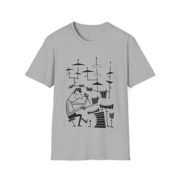 Abstract illustration of a stylized drummer playing a drum set on a grey t-shirt.